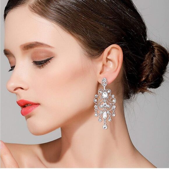 Silver with White Diamond Austrian Crystal Banquet Chandelier Post Back Earrings - Picture 4 of 5